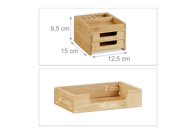 Schreibtisch Organizer Bambus, Stiftehalter Holz, Schreibtischbox Schubladen, HxBxT: 9,5 x 12,5 x 15 cm, natur - Relaxdays