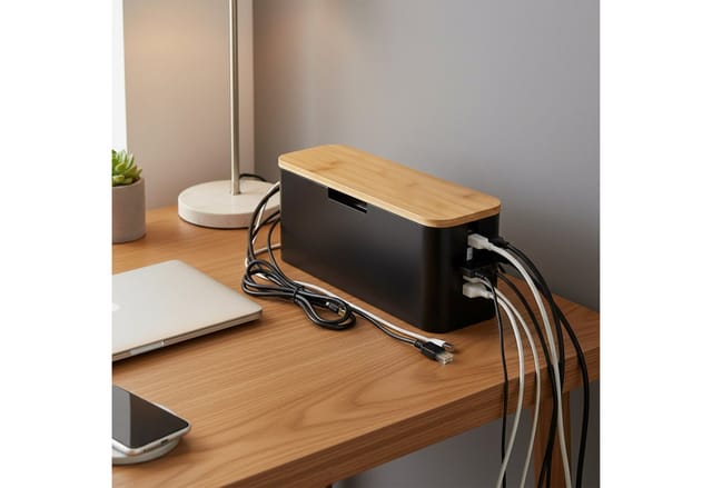 Relaxdays Kabelbox für Steckdosenleiste, Bambus, Deckel HBT 14,5x34x11cm, Kabel verstecken, Steckdosenbox, natur/schwarz