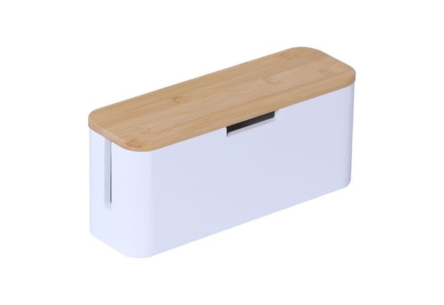 Relaxdays Kabelbox für Steckdosenleiste, Bambus, Deckel, HBT: 14,5x34x11 cm, Kabel verstecken, Steckdosenbox, natur/weiß