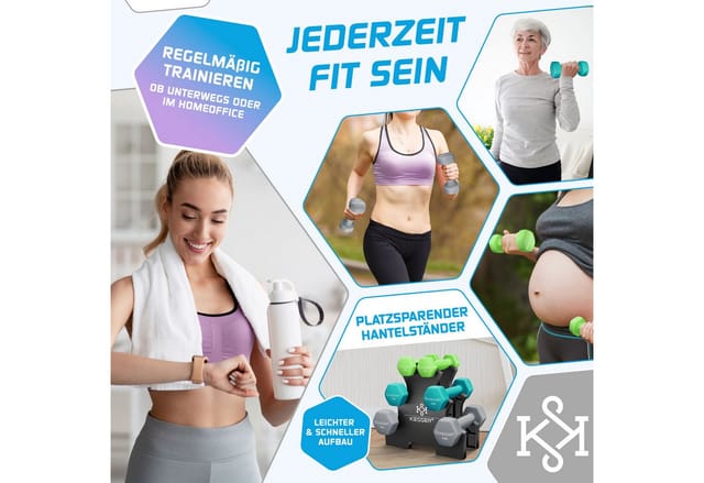 KESSER® Hantel-Set, 3 Paar 12kg oder 18kg Kurzhanteln mit Ständer für Fitnessstudio, Krafttraining Hantelset mit Übungsheft, 2x Fitnessbänder