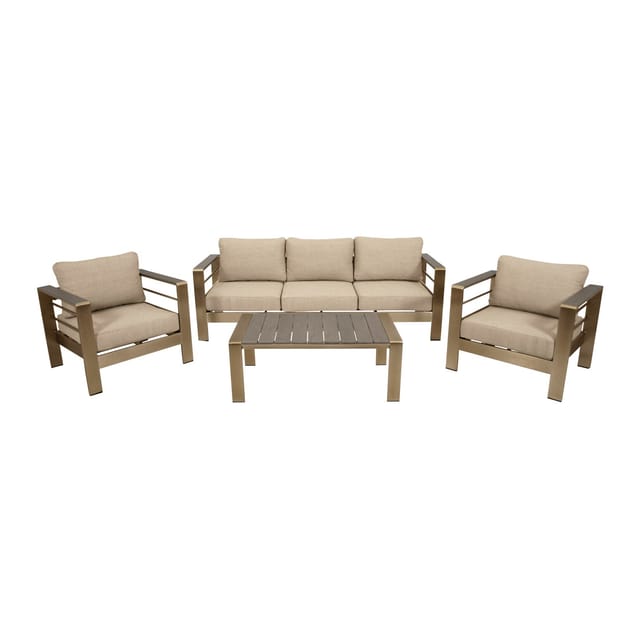 CANNES: Lounge Set (1x Sofa 207cm, 2x Sessel, 1x Loungetisch 106x60cm) Aluminium gebürstet,Armlehnen Kunstholz grau, mit Polsterauflagen hellgrau