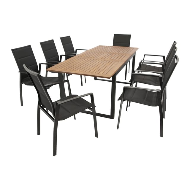 RIVELLO: Garnitur 9-teilig (8x Stapelsessel Aluminium + Kunstgewebe schwarz, 1x Ausziehtisch 150/200x90cm, Stahl anthrazit + Akazie geölt,