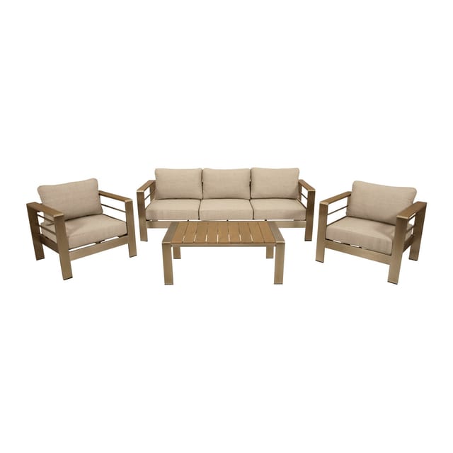 CANNES: Lounge Set (1x Sofa 207cm, 2x Sessel, 1x Loungetisch 106x60cm) Aluminium gebürstet, Armlehnen Kunstholz braun, mit Polsterauflagen hellgrau