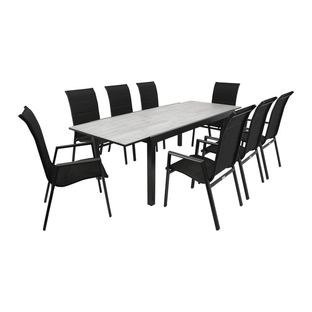Garnitur FARO 9-teilig, Alu + Glas + Kunstgewebe schwarz