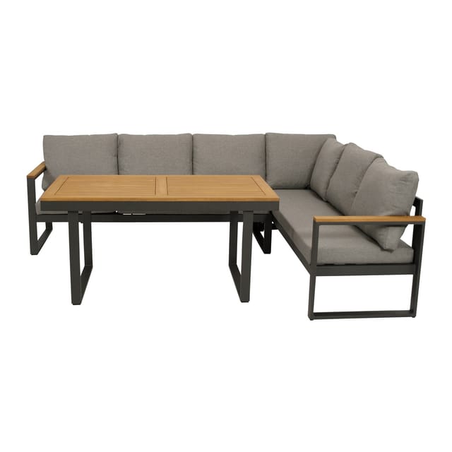 KAMPALA: Funktiosn Eckbank- Set (1x Ecksofa 252x187cm, 1x Dining Tisch 140x70x68cm) Alu anthrazit, mit Polsterauflagen grau, Armlehnen + Tischplatte