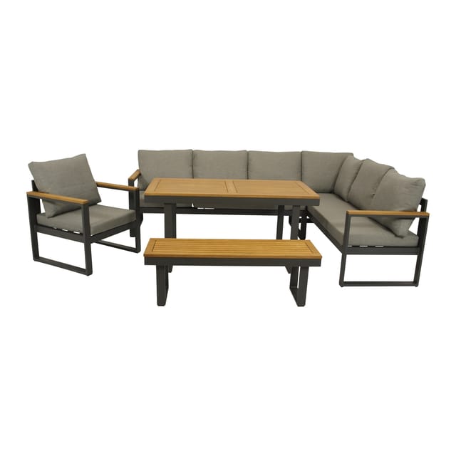 KAMPALA: Funktions Eckbank- Set (1x Ecksofa 252x187cm, 1x Sessel, 1x Hockerbank 120cm, 1x Dining Tisch 140x70x68cm) Alu anthrazit, mit