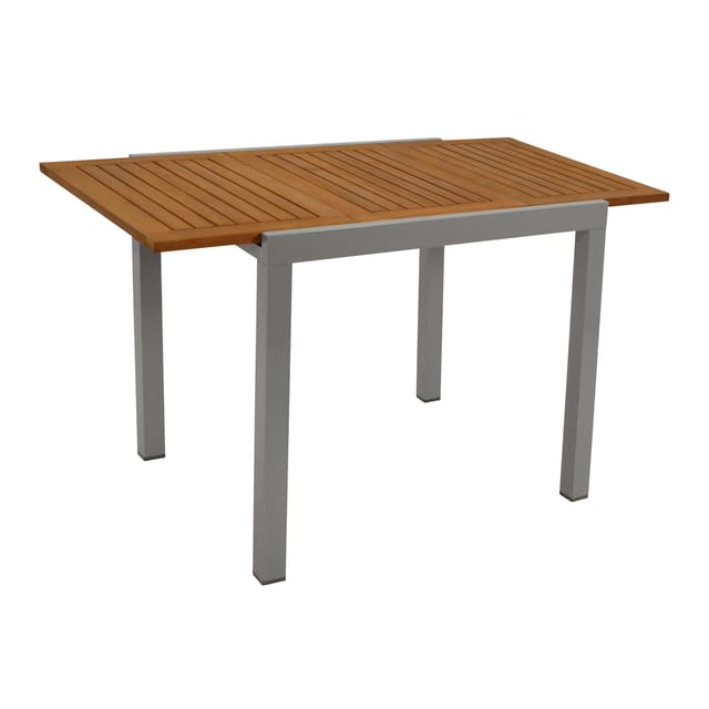 VAIL: Balkon-Ausziehtisch 80/120x70cm rechteckig, Gestell Aluminium silbergrau, Platte Akazie geölt, FSC-zertifiziert