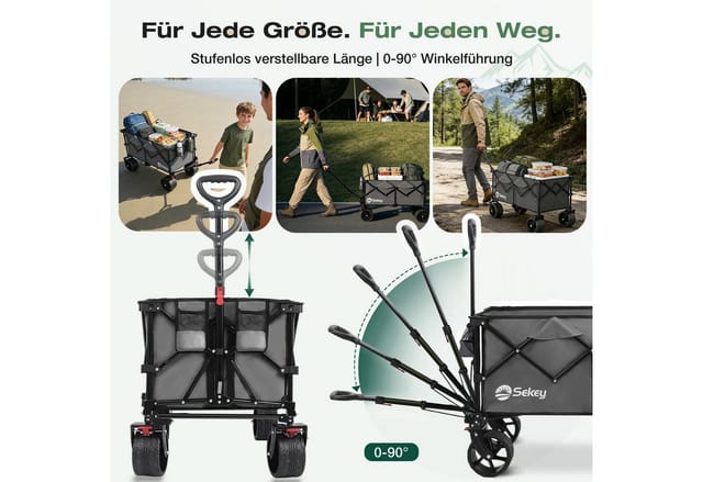 Sekey XXL Plus Faltbarer Bollerwagen Breite Reifen Handwagen Faltbollerwagen – 200 L Volumen, bis 200 kg belastbar, All-Terrain-Räder, Schwarz