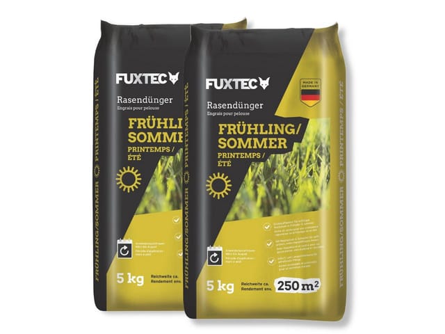 FUXTEC Rasendünger Frühling/Sommer FX-RDFS10, stickstoffbetontes Granulat für gleichmäßiges Rasenwachstum, 10 kg Reichweite ca. 500m², Langzeitwirkung