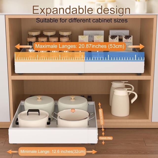 Ausziehbarer Teleskop-küchenschubladen-organizer: Breitenverstellbarer Schrankorganizer (32–50 Cm B X 43 Cm T X 7 Cm H) – Kein Bohren Erforderlich, Weiß