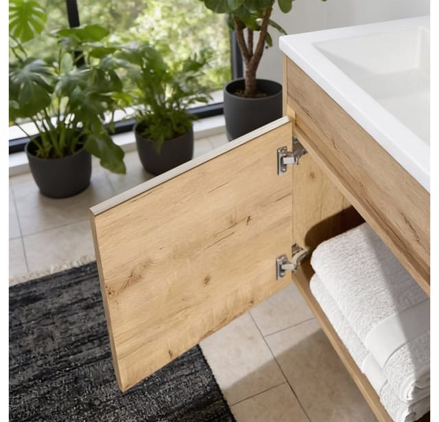 HOME DELUXE Badmöbel Komplettset BORKUM – Eiche, MDF (48 x 25,5 x 45 cm) Elegantes Set für kleine Bäder Badmöbel Set, Gästebad Möbel, Keramikbecken
