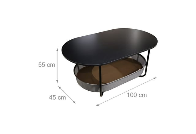 Relaxdays Couchtisch, mit Stoffkorb, oval, Beistelltisch mit Stauraum, HBT 55x100x45 cm, MDF & Eisen, schwarz-dunkelgrau