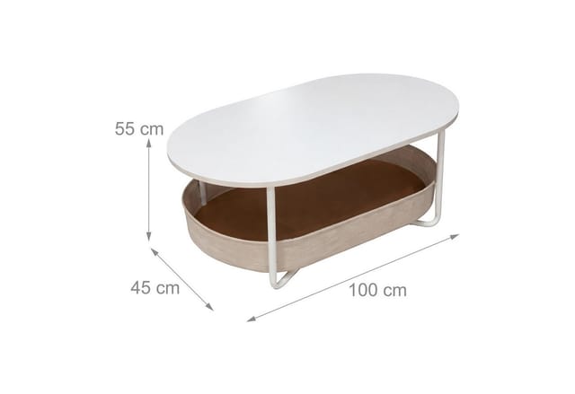 Relaxdays Couchtisch, mit Stoffkorb, oval, Beistelltisch mit Stauraum, HxBxT: 55x100x45 cm, MDF & Eisen, weiß-beige