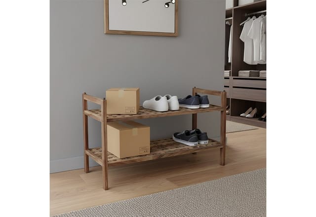 Relaxdays Schuhregal Akazienholz, 6 Paar Schuhe, 2 Schuhablagen, HxBxT: 41 x 69 x 26 cm, stapelbares Schuhgestell, natur
