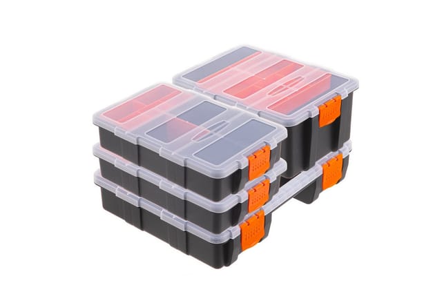 Relaxdays Sortierbox, 4er Set, 3 Größen, 49 Fächer, Kunststoff, Aufbewahrung Kleinteile, Sortimentsbox, schwarz/orange
