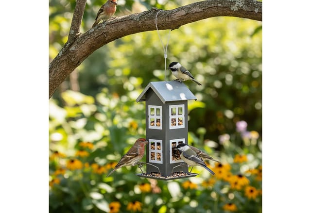 Relaxdays Vogelhaus, Metall, zum Aufhängen, HxBxT: 26 x 12 x 12 cm, kleines Vogelfutterhaus für Garten & Balkon, rot
