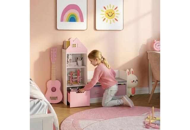 Kindersitzbank mit Regal Vipsali 100x99x30 cm Rosa/Weiß [en.casa]