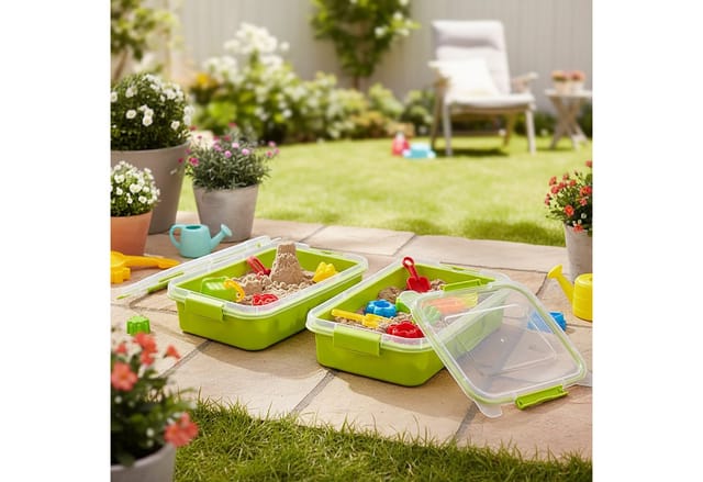 Relaxdays Sandkasten mit Deckel, 2er Set, Kunststoff, HBT: 8 x 38 x 25 cm, kleine Sandkiste für Kinder, indoor, hellgrün