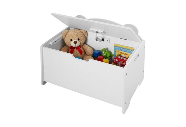 Relaxdays Spielzeugtruhe Bären-Design, Spielzeugkiste mit Deckel, HBT 48x60x38 cm, Kinderzimmer, Spielzeugbox, MDF, weiß