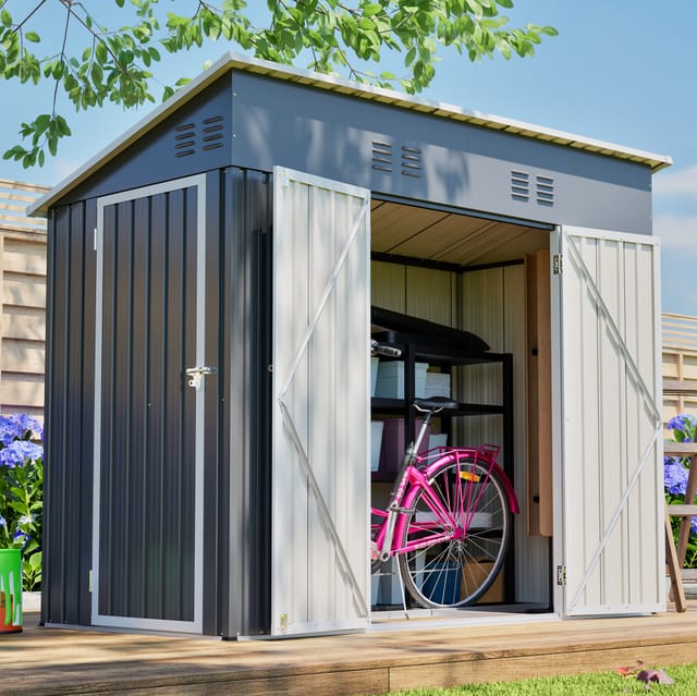 Metall-gartenhaus 242x120x192 Cm Grau Mit Doppeltür, Platzsparend – Meubliv