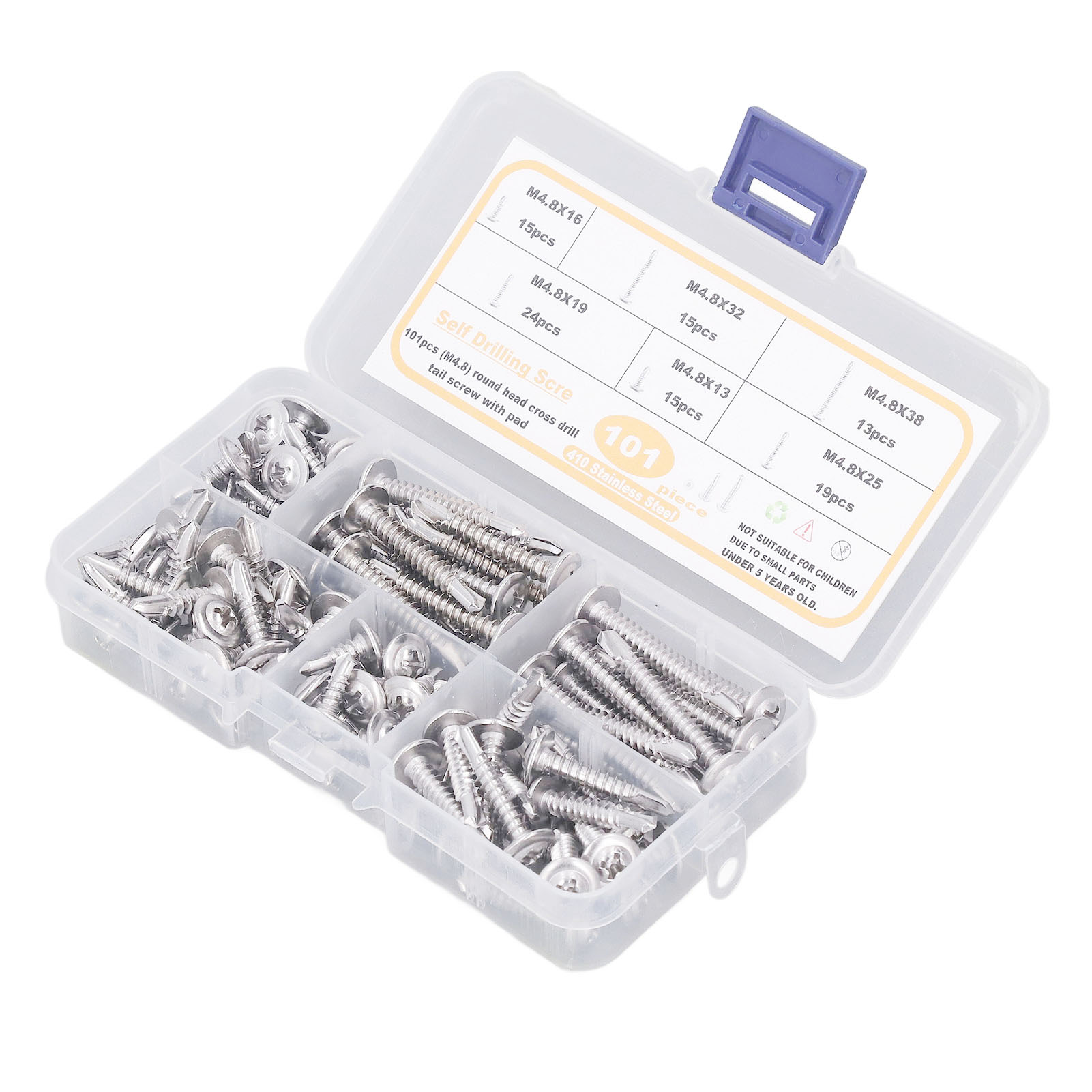 Assortiment De 101 Vis Autoperceuses À Tête Ronde En Acier Inoxydable M4.8, 6 Tailles.