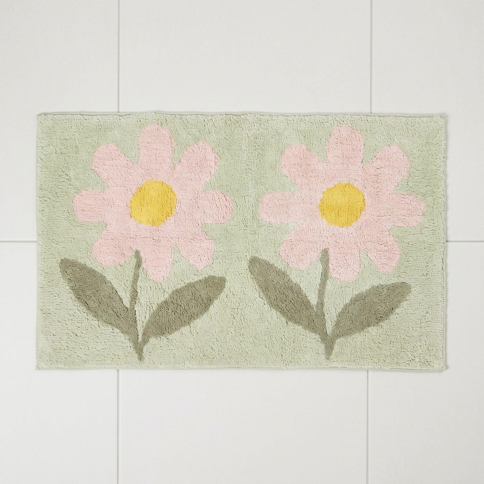 Homescapes Badematte Blumen 50 X 80 Cm – Badteppich Aus 100 % Baumwolle, Grün-rosa