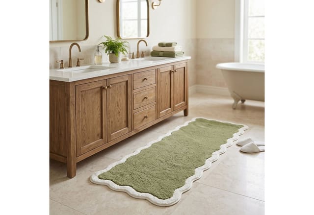 Homescapes Badläufer Mit Wellenrand 40x100 Cm – Langer Badteppich Grün, 100 % Baumwolle