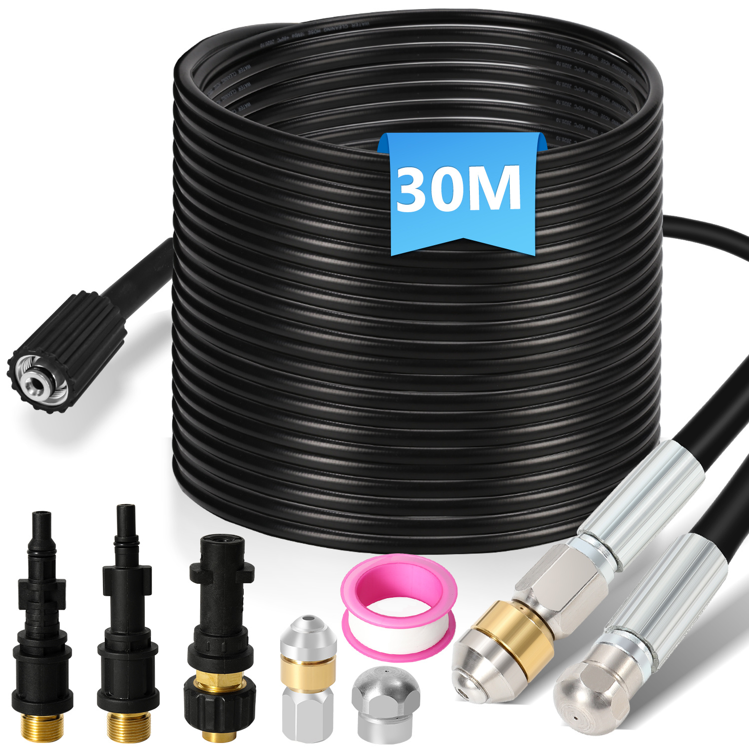 Jiubiaz Rohrreinigungsschlauch-set 30 M, 160 Bar Für Hochdruckreiniger, Mit 2 Düsen Inkl. Rotationsdüse Und 2 Adaptern, Für Abflussrohre