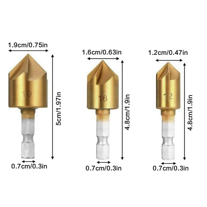 3-teiliges Set Entgratfräser Für Holz 12-19 Mm, 5-schneidiges 90° Faswerkzeug, Titanbeschichtung, Sechskantschaft, Zubehör Für Tischlerei Und Heimwerken-lsw