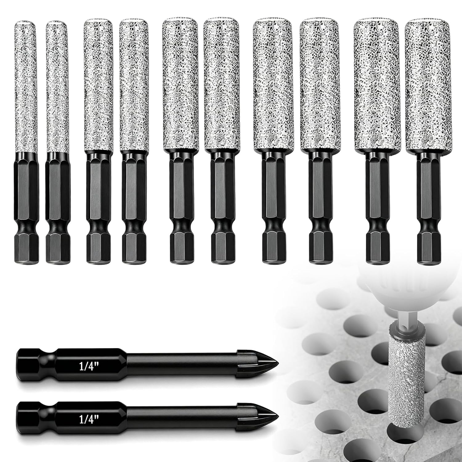 12 Stück Diamantbohrer Fliesenbohrer Glasbohrer Set: 5/6/8/10/12mm Keramikbohrer Und 6mm Metall Bohren, Diamant Bohrer Fliesen Für Keramik, Granit, Glas, Porzellan, Mauerwerk, Marmor