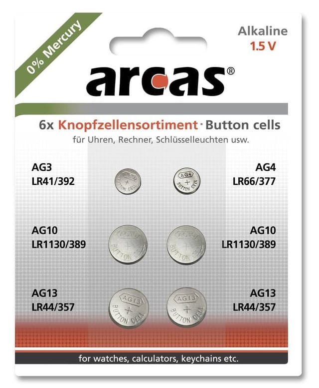 ARCAS Knopfzellen-Set, AG3, AG4, AG10, AG13, 6-teilig