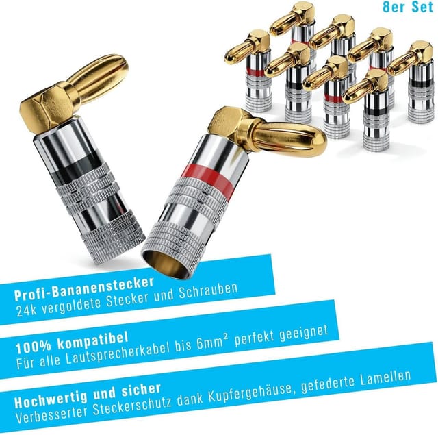 SONERO Bananenstecker S-SC090-08, gewinkelt 90° vergoldet 8er Set
