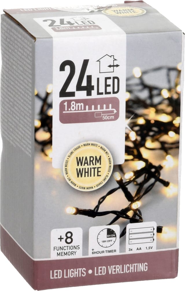 LED-Lichterkette warmweiß, 24 LEDs, Batteriebetrieben, schwarzes Kabel, Innen/Außen, 2,30m