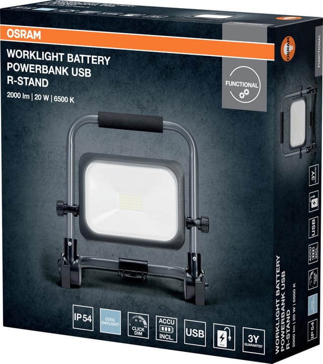 OSRAM LED-Akku-Arbeitsleuchte, 20W, 6500K, 2000lm, kaltweiß, IP54, schwarz