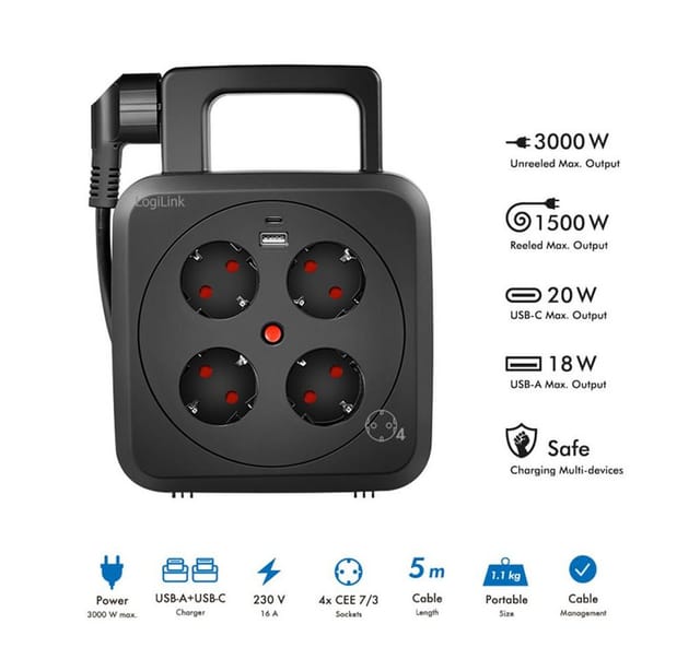 LOGILINK Kabeltrommel LPS504, 4-fach, 1x USB-A, 1x USB-C, 3000 W, 5 m