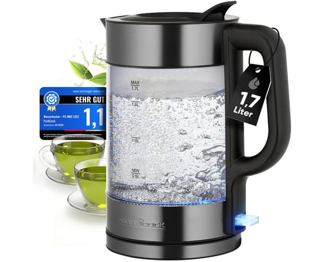 PROFI COOK Glas-Wasserkocher PC-WKS 1322, 1,7L, Glas & Edelstahl, 2200 W, DarkInox