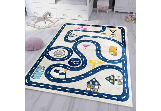 Vimoda Kinderteppich Mondol, Teppich Kinderzimmer mit Auto, Strasse Muster, Rechteckig, Höhe: 8 mm, Spielteppich für kinder, Auto und Straße Muster in Blau & Grau