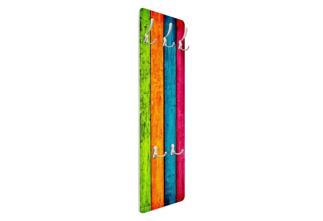 Bilderdepot24 Garderobenpaneel Design Holzoptik Bretteroptik Colourful Palisade (ausgefallenes Flur Wandpaneel mit Garderobenhaken Kleiderhaken hängend), moderne Wandgarderobe - Flurgarderobe im schmalen Hakenpaneel Design