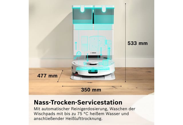 BOSCH Saugroboter mit Wischfunktion Spotless 2 BCR2S1B/BCR2S1W, 25.000 Pa Saugkraft, beutellos, Selbstreinigung, Nass-Trocken-Servicestation, rotierende Pads