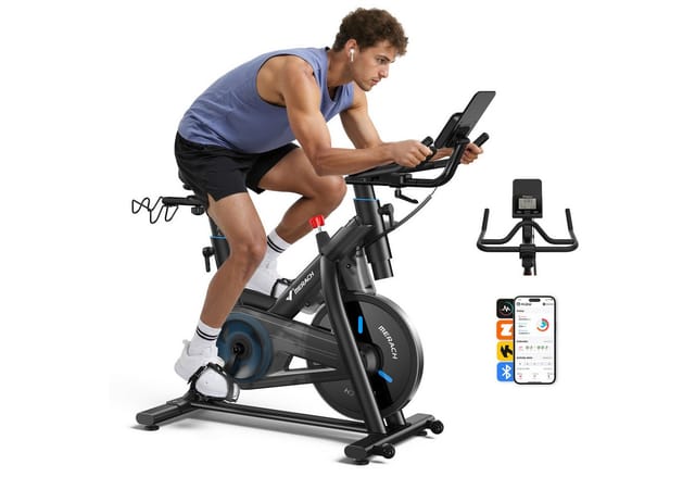 MERACH Heimtrainer mit 10kg Schwungrad, APP & bis 158kg für Profi Training (Fitnessbike mit 16 Widerstandsstufen und leisem Magnetbremssystem, 1-tlg., Speedbike mit 3D Luftkissensattel und App Gaming Anbindung), Flüsterleise, Echtzeit Tracking, bis 158kg