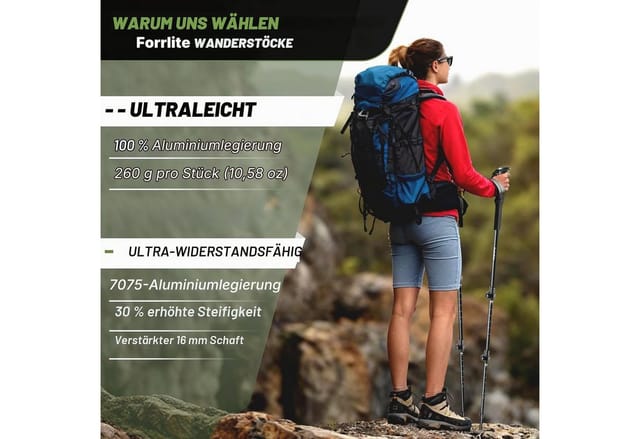 Forrlite Wanderstöcke 2PCS, Nordic Walking Stöcke, Walking Stöcke 7075 Aluminium (Verstellbare Wanderstöcke 110–130 cm, Premium-Komplettset mit 12 Teilen, ultraleicht, ergonomische Griffe, für alle Geländearten, Wandern, Trekking und Skifahren)