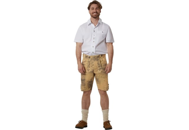 dressforfun Trachtenhose Kunst Oktoberfest-Hose aus robustem Kunstleder mit Stickereien (Herrenhose Luis, für Volksfeste in antikem Braun) pflegeleicht, bequem, langlebig, Inkl. verstellbarer Hosenträger