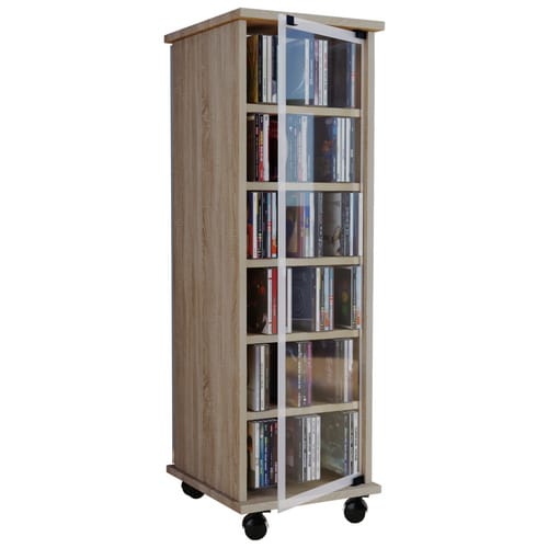 VCM CD Regal Holz CD Schrank mit ESG-Sicherheitsglastüren für 204 CDs oder 72 DVDs Maße: H. 98 x B. 31 x T. 35 cm Elegantes DVD Regal mit Rollen Blu ray Regal CD Regal - Valenza