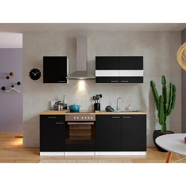 Respekta Küchenzeile KB210WSC 210 cm Weiß - Schwarz