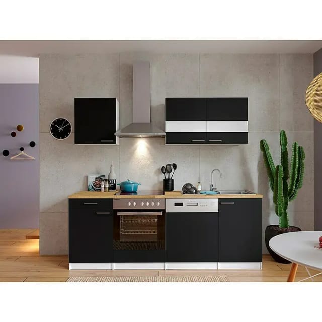 Respekta Küchenzeile KB220WSC 220 cm Weiß - Schwarz