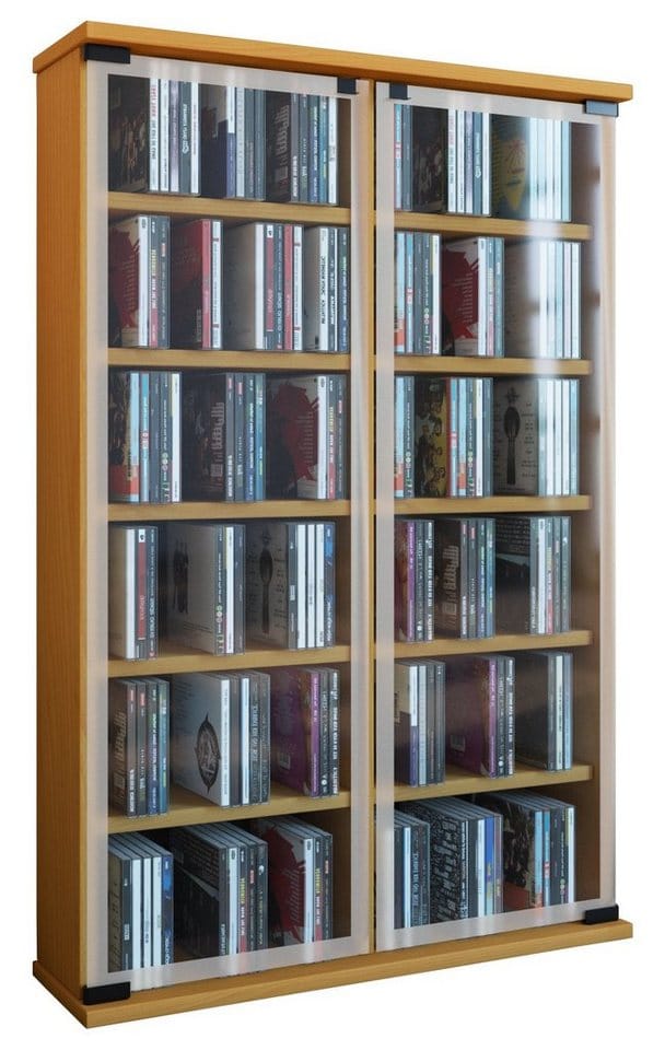 VCM CD Regal Holz CD Schrank mit ESG-Sicherheitsglastüren für 300 CDs oder 130 DVDs 72-Videos Maße: H. 92 x B. 60 x T. 18 cm Elegantes DVD Regal Blu ray Regal CD Regal - Galerie
