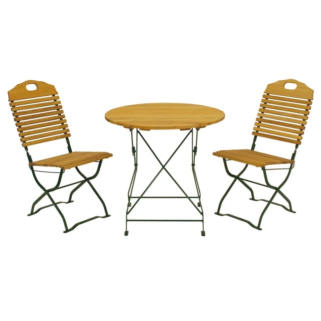 DEGAMO Kurgarten - Garnitur BAD TÖLZ 3-teilig (2x Stuhl, 1x Tisch 77cm rund), Flachstahl grün + Robinie, klappbar
