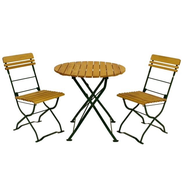 DEGAMO Biergarten - Garnitur MÜNCHEN 3-teilig (2x Stuhl, 1x Tisch 77cm rund), Flachstahl grün + Robinie