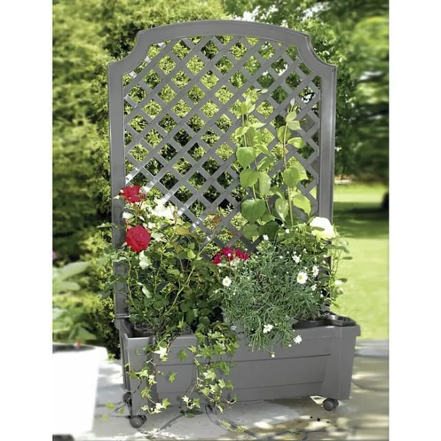Calypso Pflanzkasten mit Bewässerungssystem, Spalier und Rollen, grau