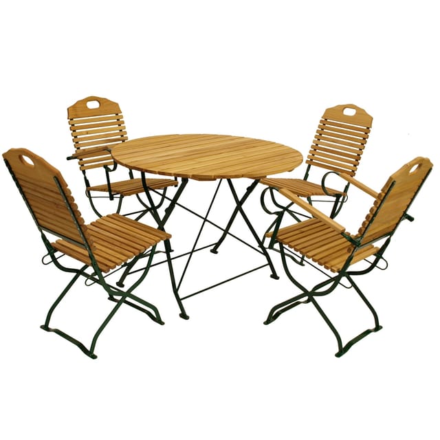 DEGAMO Kurgarten - Garnitur BAD TÖLZ 5-teilig (2x Stuhl, 2x Armlehnensessel, 1x Tisch 100cm rund), Flachstahl grün + Robinie, klappbar